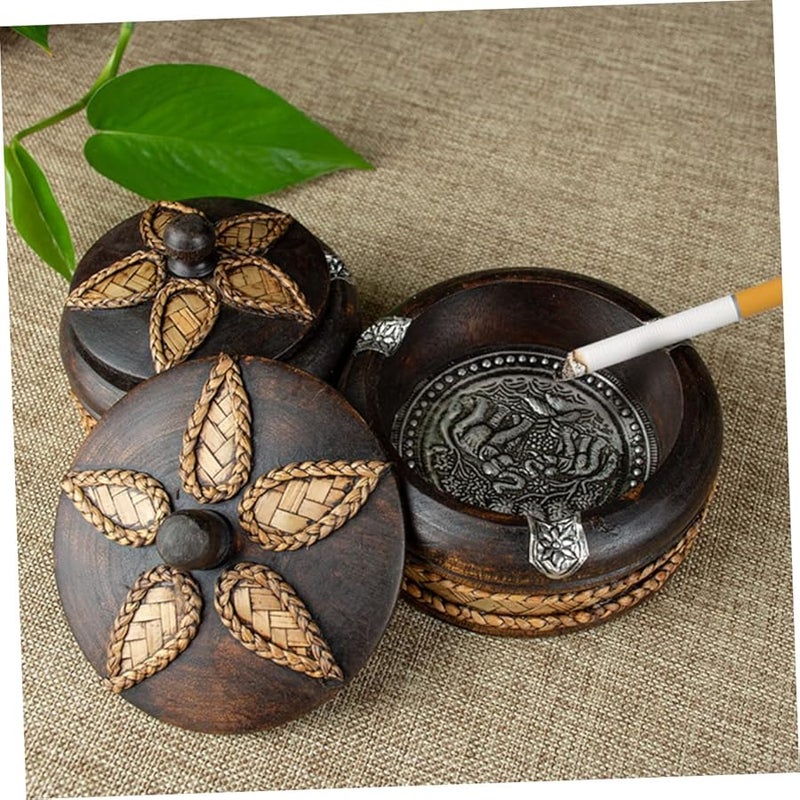 Solid Wood Ashtray With Lid Vintage Home Office Decor Southeast Asian Style Smoking Tray - Image 3